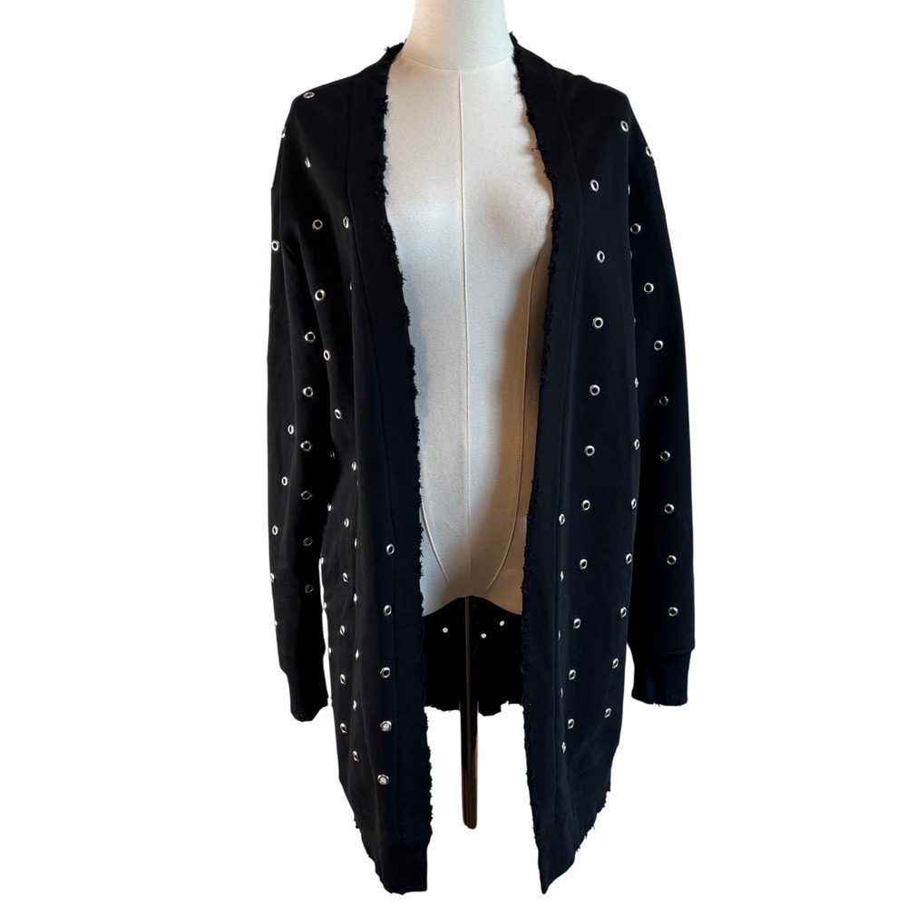RtA Road to Awe Black Grommet Long Cardigan M Distressed Raw Edge Jacket